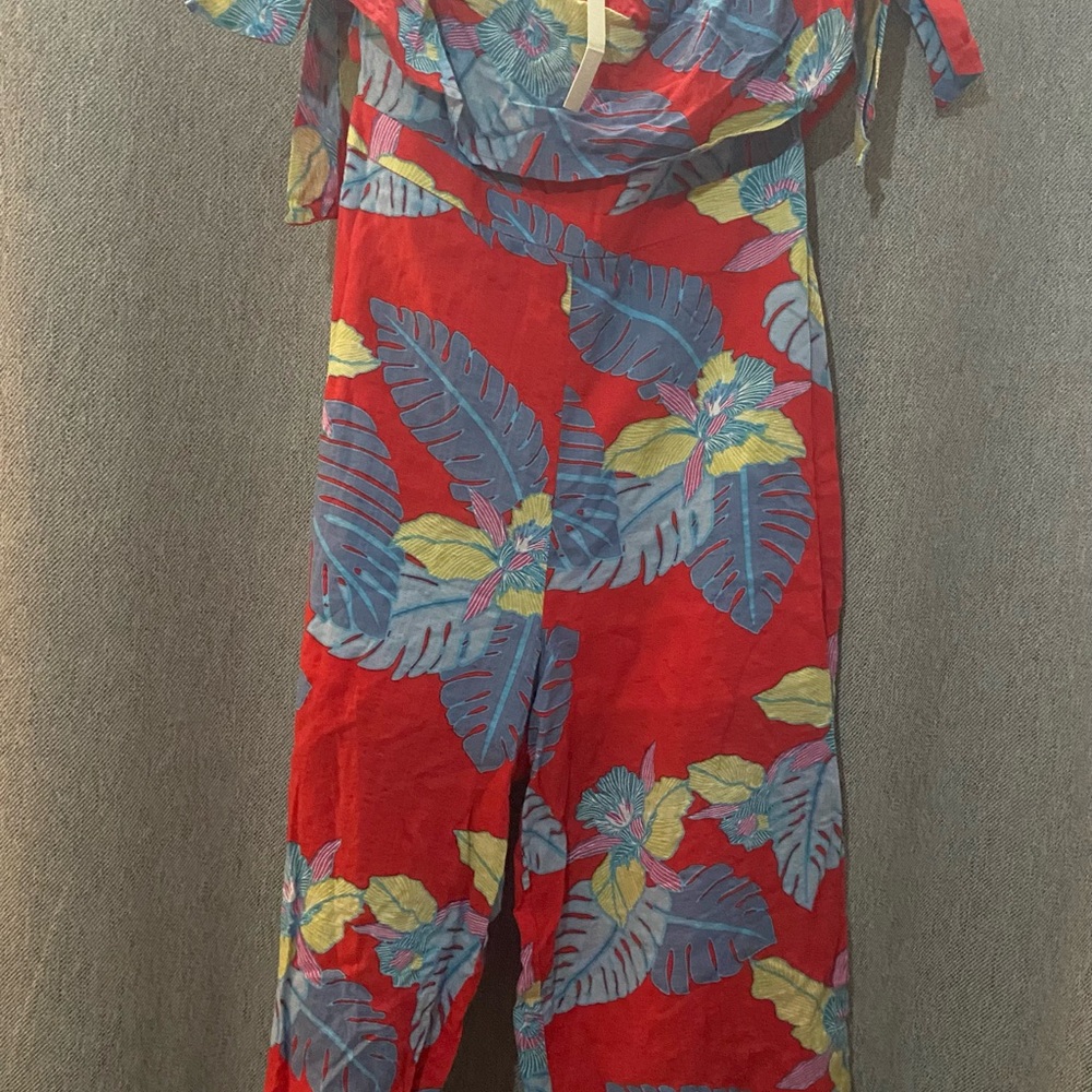 Blush Red Tropical Print Dress with Blue and Yellow Leaf Accents/ Romper